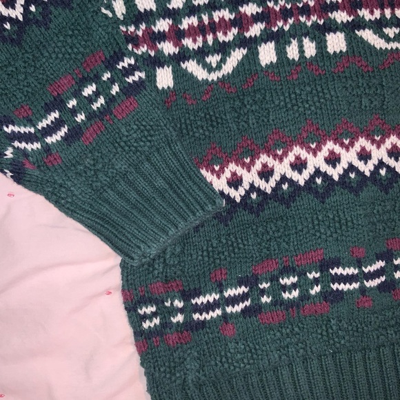 vintage 90s eddie bauer cotton knit pullover sweater fair isle green navy red L - Picture 2 of 6